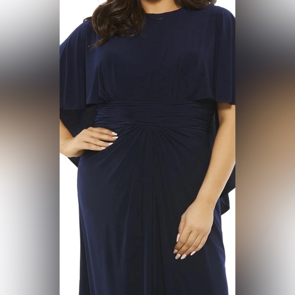 Mac Duggal Navy Blue Jersey Cape Sleeve Ruched A-Line Gown Size 18W $398 - Picture 6 of 6